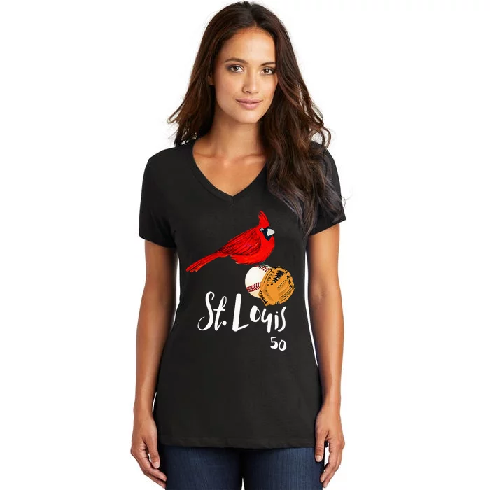 Saint Louis Red Cardinal Number 50 Baseball Women's V-Neck T-Shirt