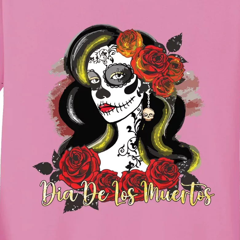 Senora Lady Roses Mexican Dead Day Of Dia De Los Muertos Kids Long Sleeve Shirt