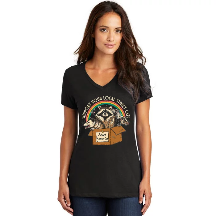 Support Local Stre.Et Cats Vintage Box Raccoon Opossum Skunk Women's V-Neck T-Shirt