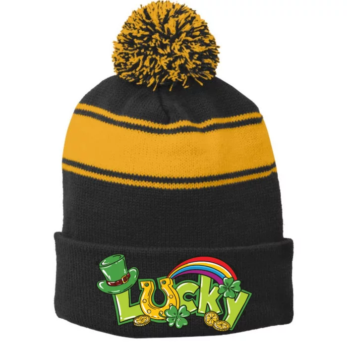 Shamrock Lucky St Patricks Day Cute Stripe Pom Pom Beanie