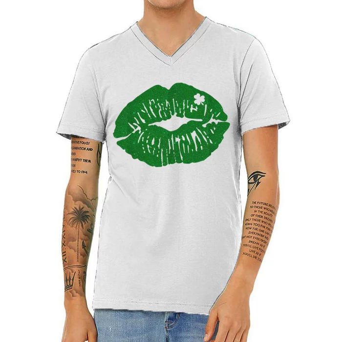 Shamrock Lip St Patricks Day V-Neck T-Shirt