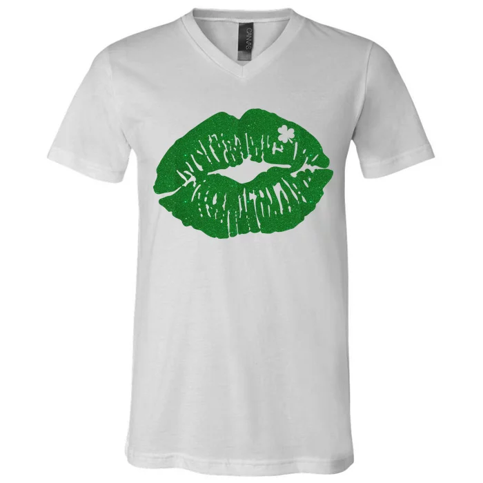 Shamrock Lip St Patricks Day V-Neck T-Shirt