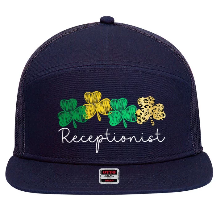 Shamrock Leopard Saint Paddys Receptionist St Patricks Day Gift 7 Panel Mesh Trucker Snapback Hat