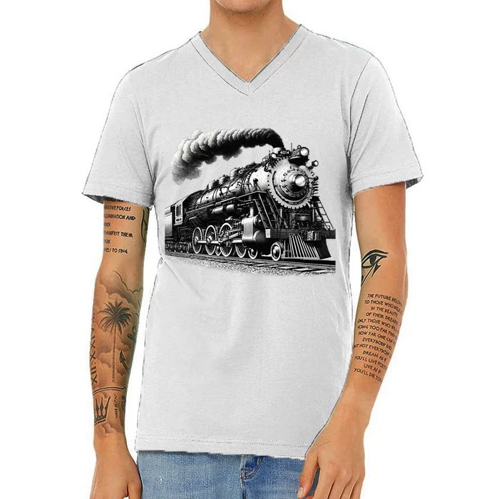 Steam Locomotive Train 4014 Vintage Railroad Big Engine V-Neck T-Shirt