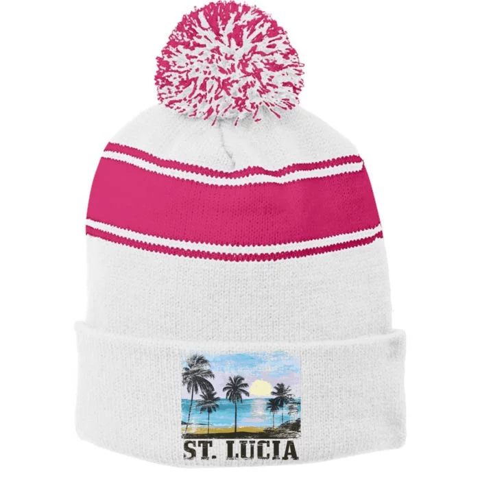 Saint Lucia Vintage Surfer Caribbean St Lucia Souvenir Gift Stripe Pom Pom Beanie