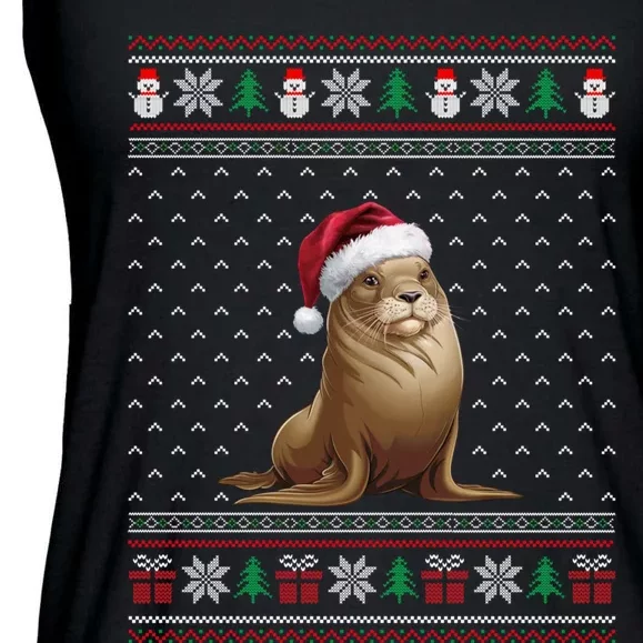 Sea Lion Wearing Santa Hat Ugly Xmas Sea Lion Lovers Ladies Essential Flowy Tank