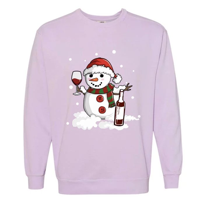 Snowman Love Wine Drink Lady Cool Snow Christmas Garment-Dyed Sweatshirt