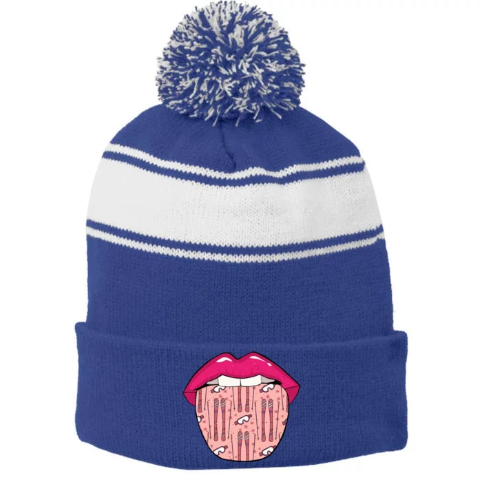 Skier Lips Winter Sports Gift Ski Skiing Cute Gift Stripe Pom Pom Beanie