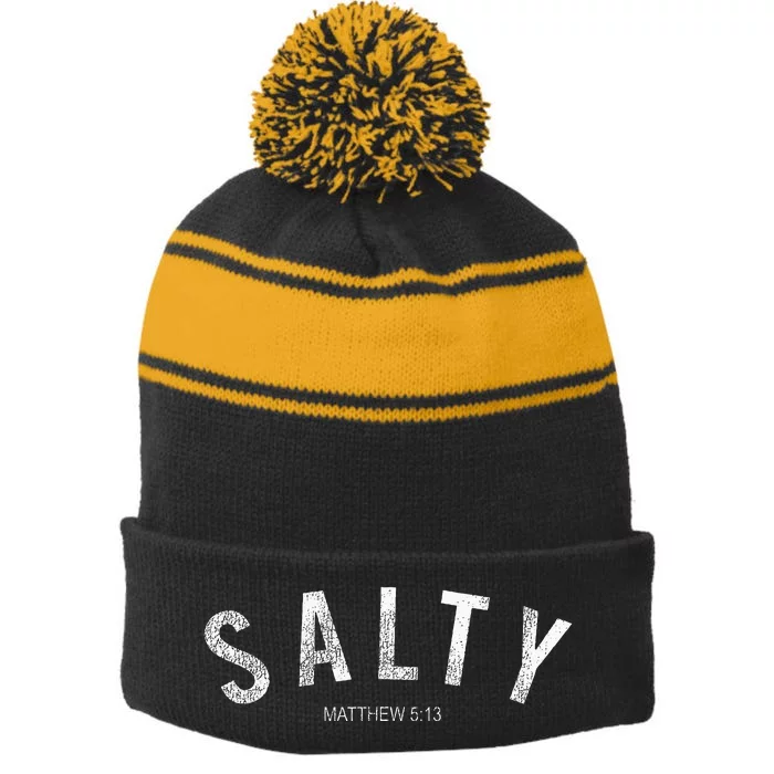 Salty Matthew 513 Distressed Graphic Stripe Pom Pom Beanie