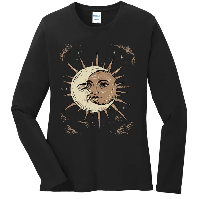 Sun Moon and Star Tarot Card Witchy Astronomy Astrology Ladies Long Sleeve Shirt