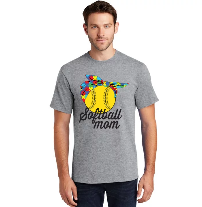 Softball Mom Autism Awareness Meaningful Gift Softball Autism Messy Bun Meaningf Tall T-Shirt