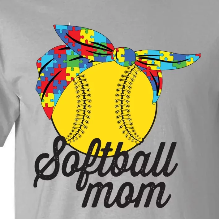 Softball Mom Autism Awareness Meaningful Gift Softball Autism Messy Bun Meaningf Tall T-Shirt