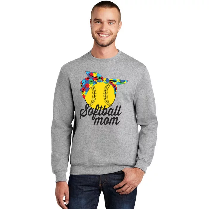 Softball Mom Autism Awareness Meaningful Gift Softball Autism Messy Bun Meaningf Tall Sweatshirt