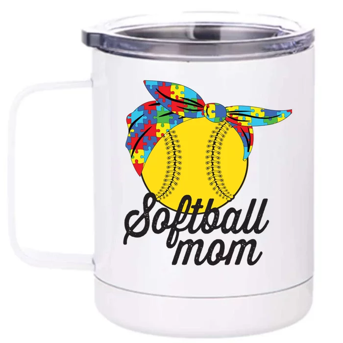 Softball Mom Autism Awareness Meaningful Gift Softball Autism Messy Bun Meaningf Front & Back 12oz Stainless Steel Tumbler Cup