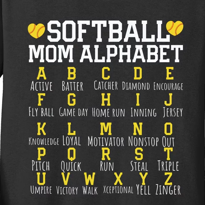 Softball Mom Alphabet Sporty Family Kids Long Sleeve Shirt