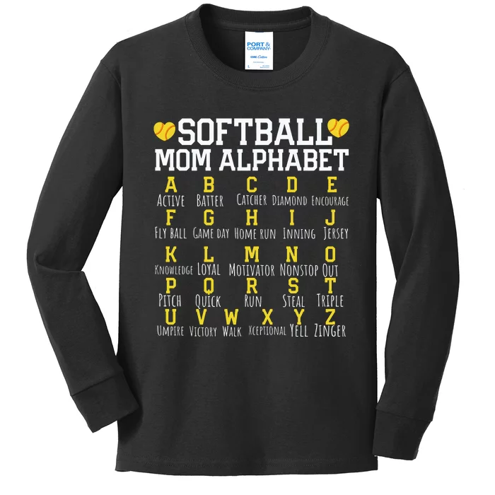 Softball Mom Alphabet Sporty Family Kids Long Sleeve Shirt