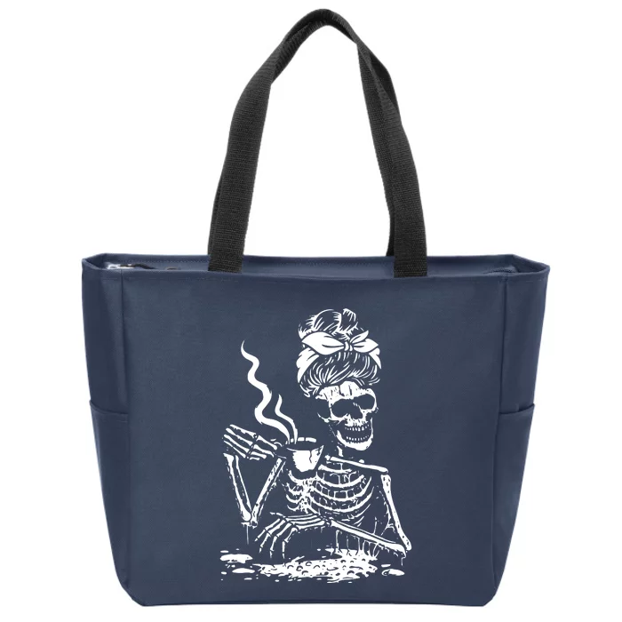 Skeleton Messy Bun Drink Coffee Shirts Cool Halloween Costume Zip Tote Bag