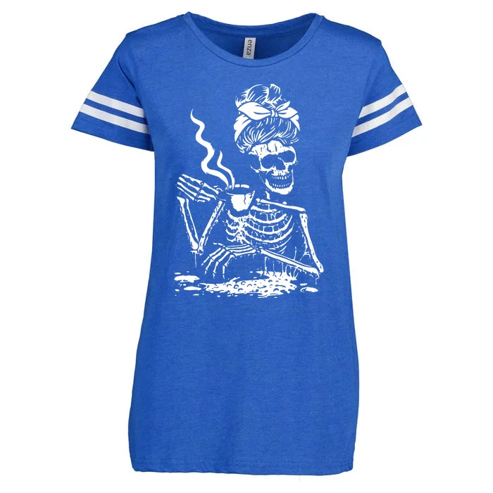 Skeleton Messy Bun Drink Coffee Shirts Cool Halloween Costume Enza Ladies Jersey Football T-Shirt