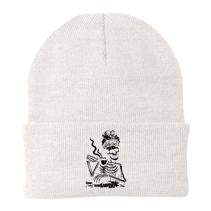 Skeleton Messy Bun Drink Coffee Shirts Cool Halloween Costume Knit Cap Winter Beanie