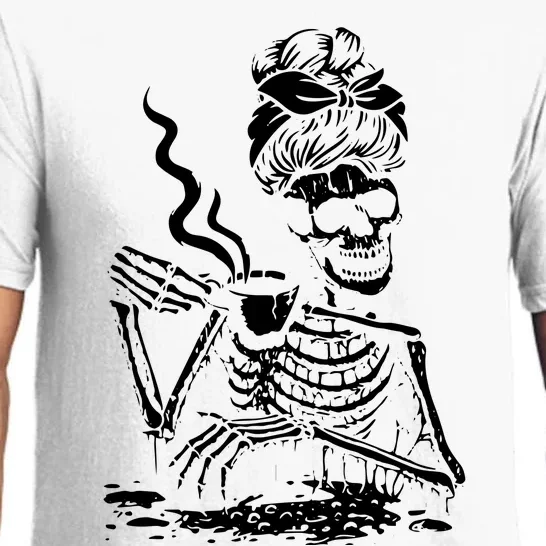 Skeleton Messy Bun Drink Coffee Shirts Cool Halloween Costume Pajama Set