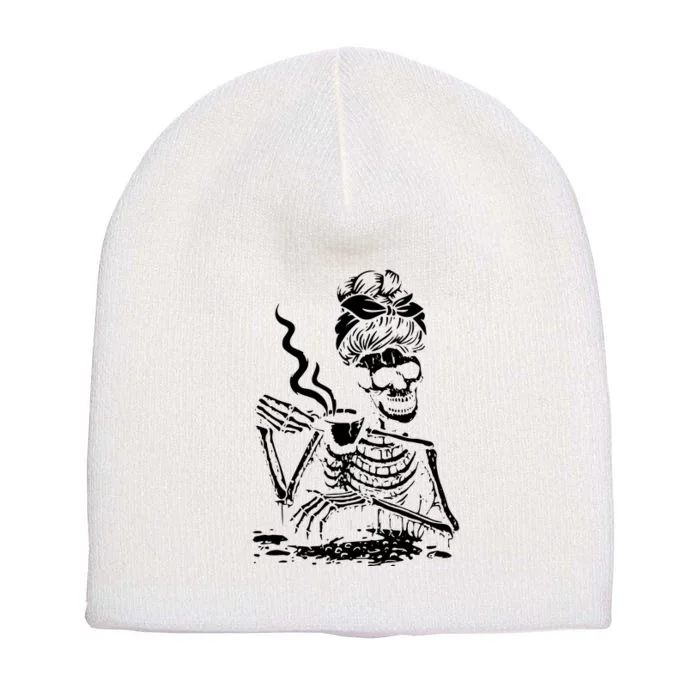 Skeleton Messy Bun Drink Coffee Shirts Cool Halloween Costume Short Acrylic Beanie