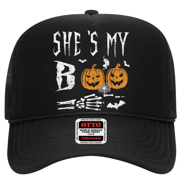 SheS My Boo Skeleton Hand Pumpkin Halloween Matching Funny High Crown Mesh Trucker Hat