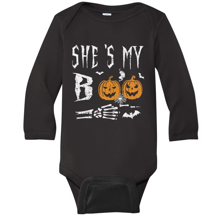 SheS My Boo Skeleton Hand Pumpkin Halloween Matching Funny Baby Long Sleeve Bodysuit