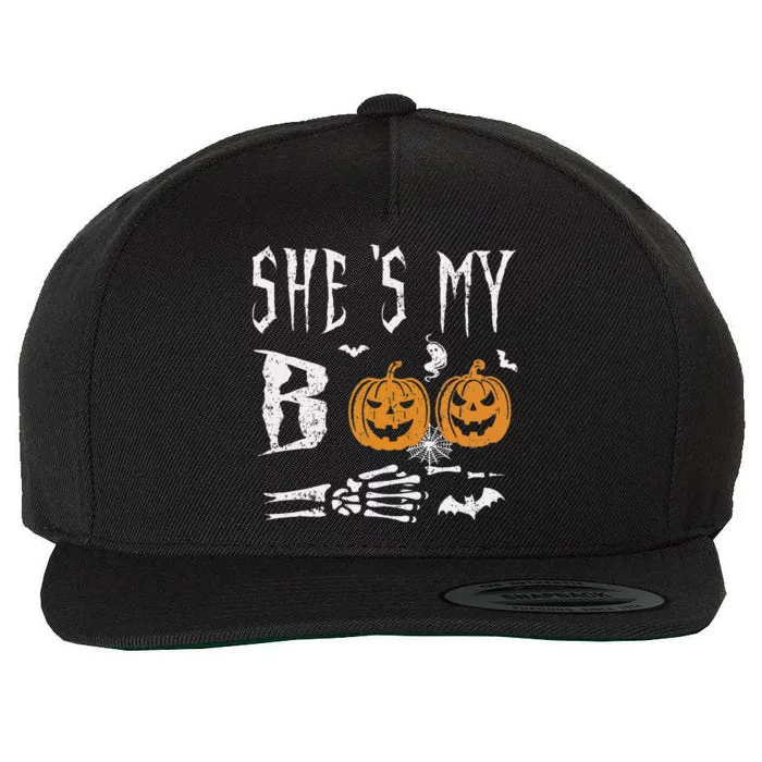 SheS My Boo Skeleton Hand Pumpkin Halloween Matching Funny Wool Snapback Cap