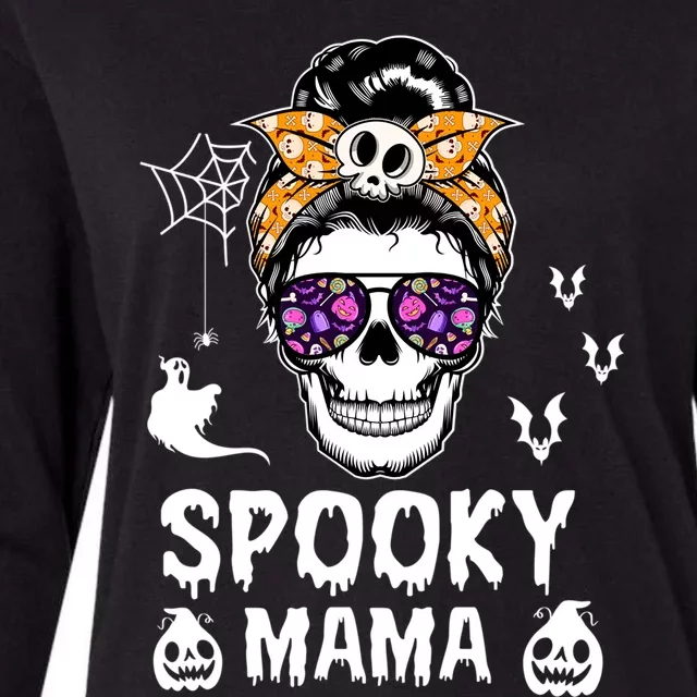 Skull Messy Bun Halloween Spooky Mama Mom Halloween Gift Womens Cotton Relaxed Long Sleeve T-Shirt