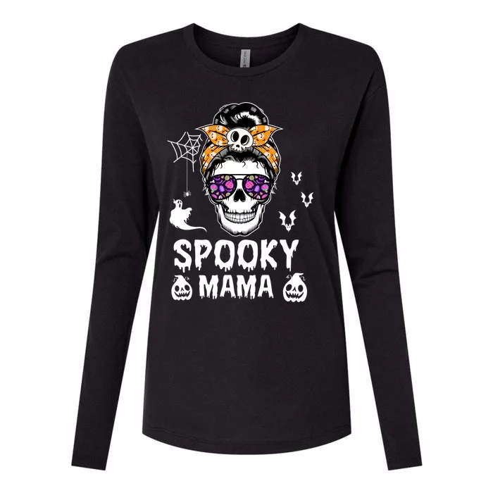 Skull Messy Bun Halloween Spooky Mama Mom Halloween Gift Womens Cotton Relaxed Long Sleeve T-Shirt