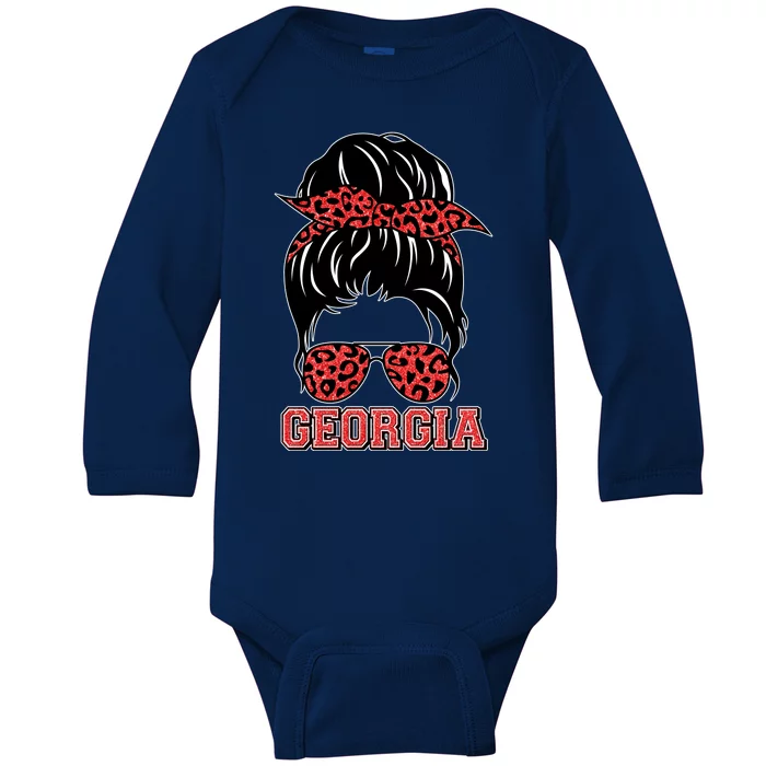 Stylish Messy Bun Woman Georgia College Football Sports Fan Baby Long Sleeve Bodysuit