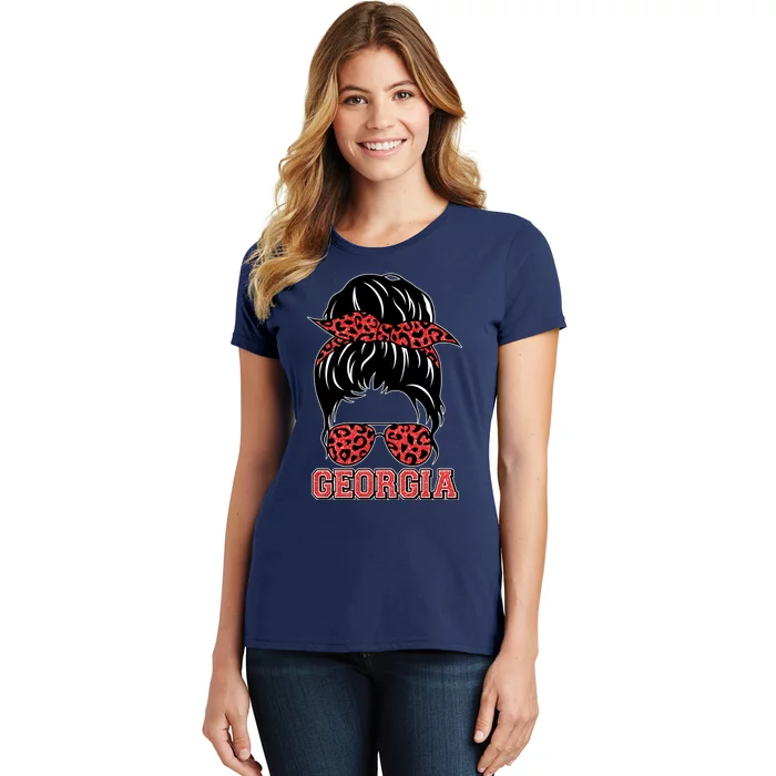 Stylish Messy Bun Woman Georgia College Football Sports Fan Women's T-Shirt