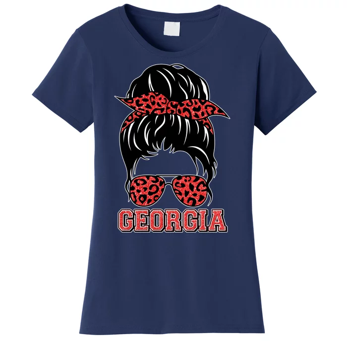 Stylish Messy Bun Woman Georgia College Football Sports Fan Women's T-Shirt