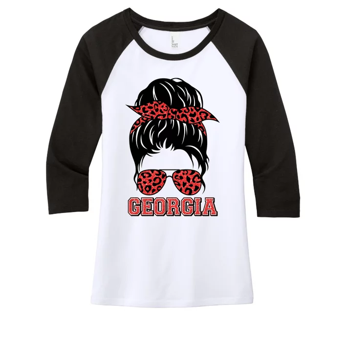 Stylish Messy Bun Woman Georgia College Football Sports Fan Women's Tri-Blend 3/4-Sleeve Raglan Shirt