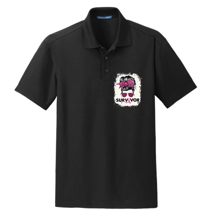 Survivor Messy Bun Breast Cancer Awareness Pink Warrior Dry Zone Grid Performance Polo