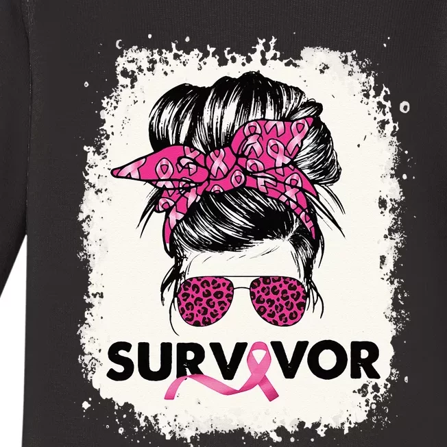 Survivor Messy Bun Breast Cancer Awareness Pink Warrior Baby Long Sleeve Bodysuit