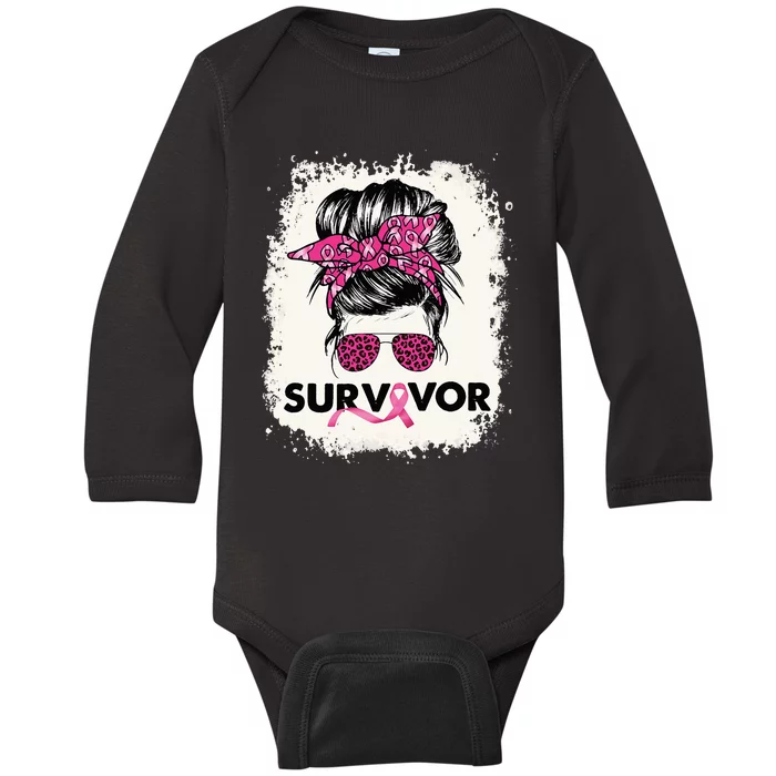 Survivor Messy Bun Breast Cancer Awareness Pink Warrior Baby Long Sleeve Bodysuit