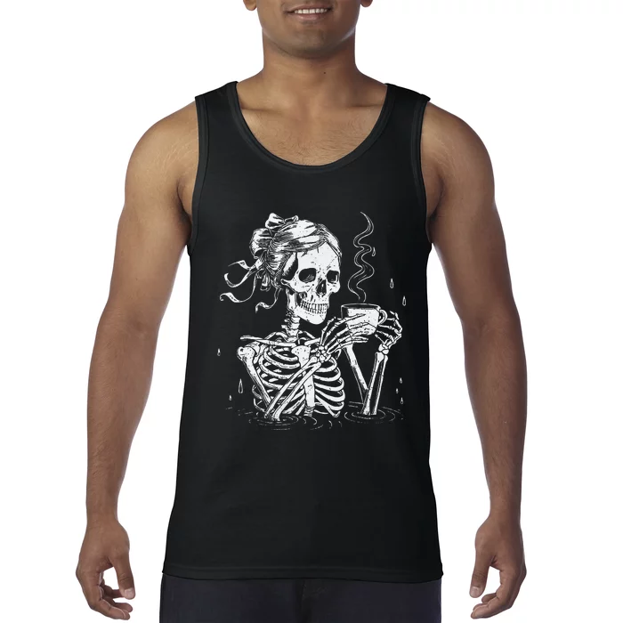 Skeleton Messy Bun Coffee Halloween Coffee Lover Women Mom Gift Tank Top