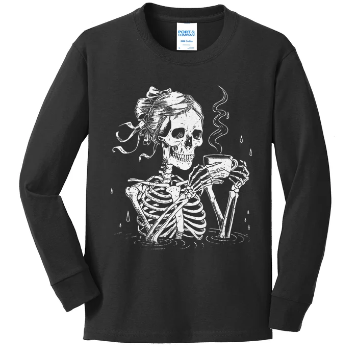 Skeleton Messy Bun Coffee Halloween Coffee Lover Women Mom Gift Kids Long Sleeve Shirt