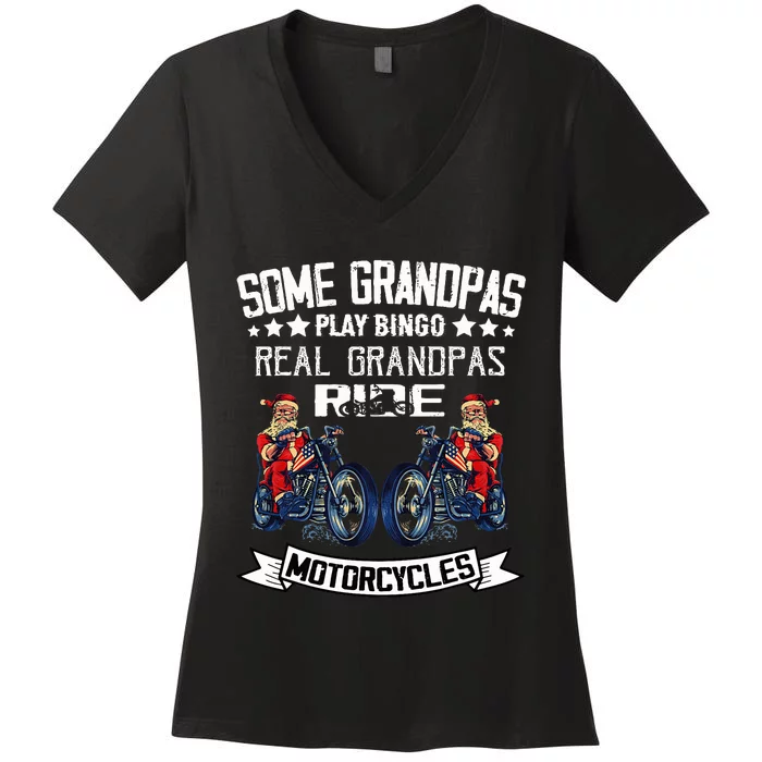 Santa Motorcycle Christmas For Grandpa Dad Motorcycle Riders Women's V-Neck T-Shirt