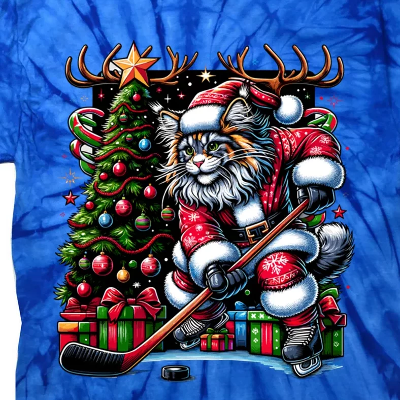 Santa Maine Coon Cat Playing Hockey Christmas Gift Tie-Dye T-Shirt