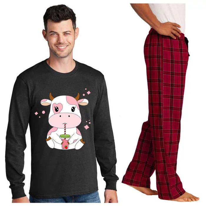 Strawberry Milk Cute Kawaii Aesthetic Pink Cow Print Gift Long Sleeve Pajama Set