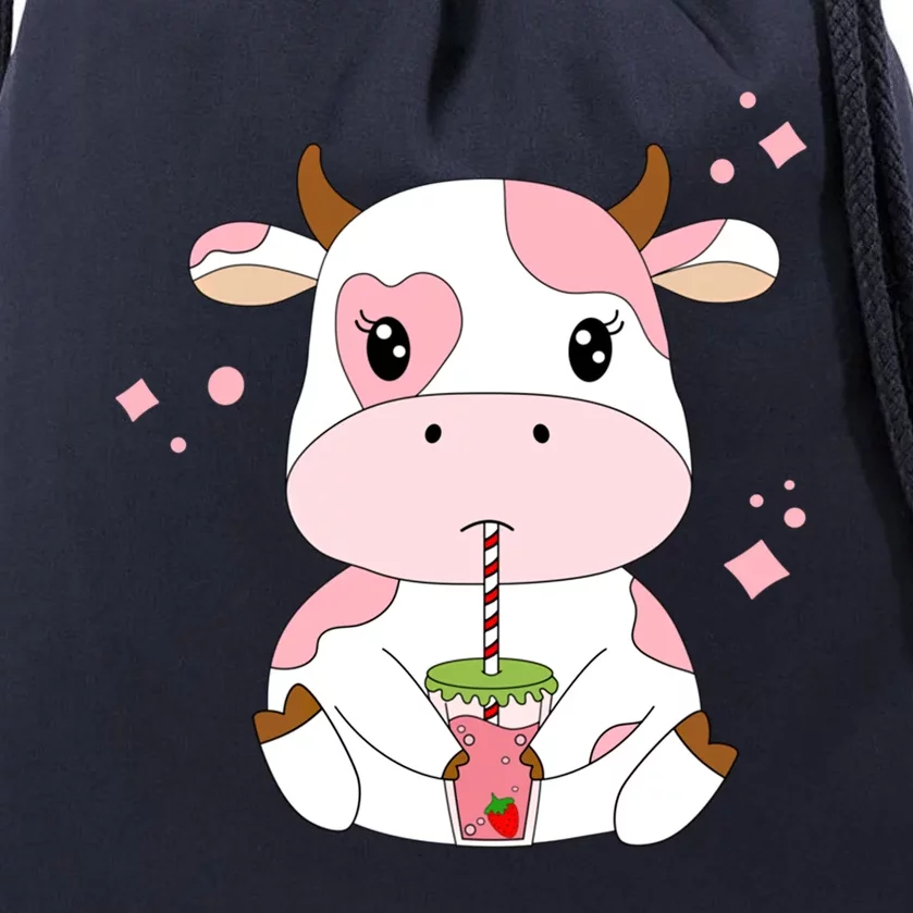 Strawberry Milk Cute Kawaii Aesthetic Pink Cow Print Gift Drawstring Bag