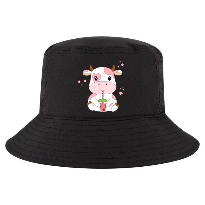 Strawberry Milk Cute Kawaii Aesthetic Pink Cow Print Cool Comfort Performance Bucket Hat