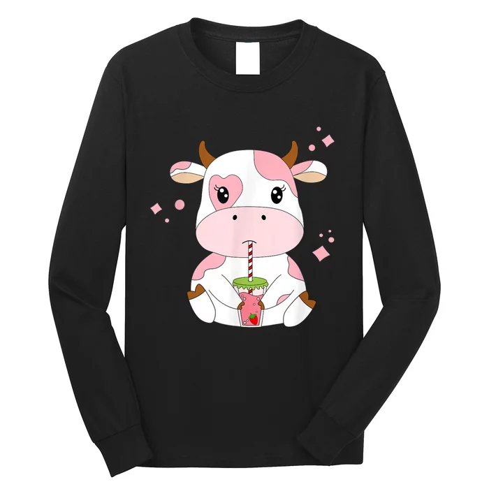 Strawberry Milk Cute Kawaii Aesthetic Pink Cow Print Long Sleeve Shirt