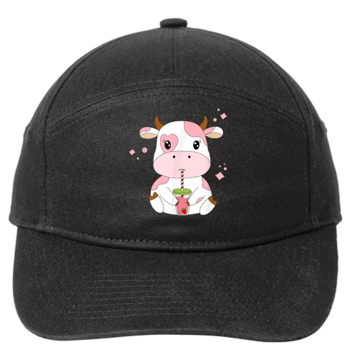 Strawberry Milk Cute Kawaii Aesthetic Pink Cow Print 7-Panel Snapback Hat