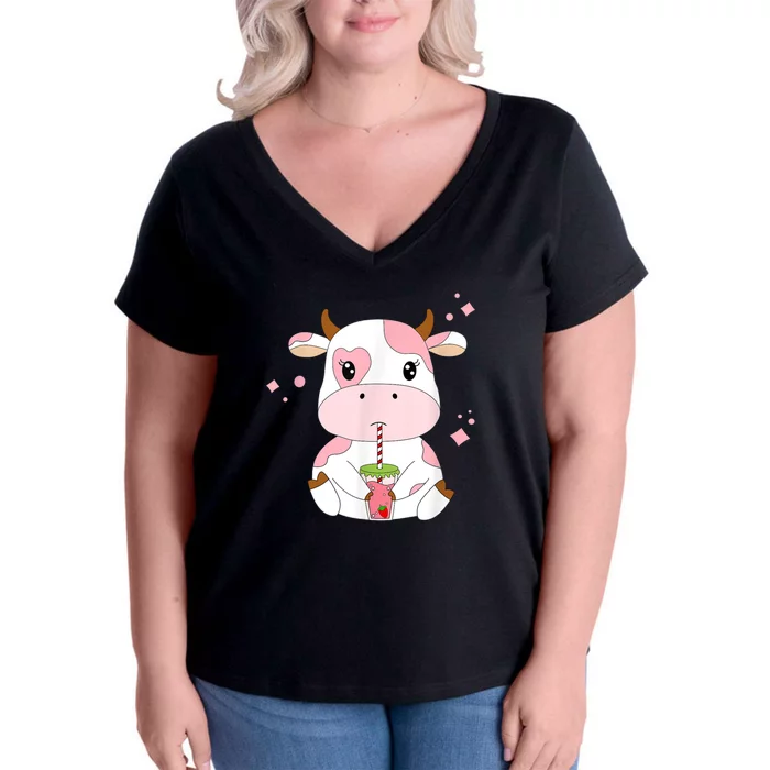 Womens Cute Kawaii Aesthetic Pink Strawberry Milk Anime V-Neck T-Shirt