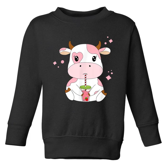 Strawberry Milk Cute Kawaii Aesthetic Pink Cow Print Toddler Sweatshirt