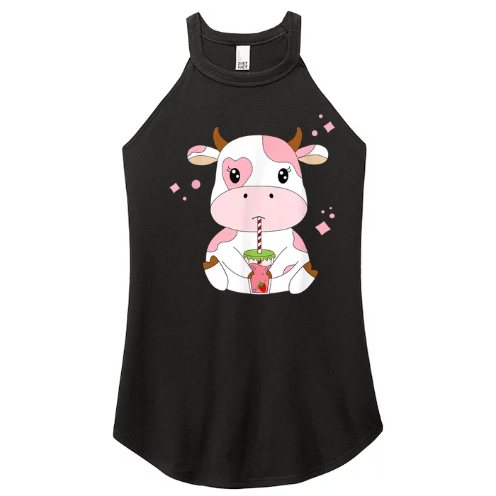 Strawberry Milk Cute Kawaii Aesthetic Pink Cow Print Women’s Perfect Tri Rocker Tank