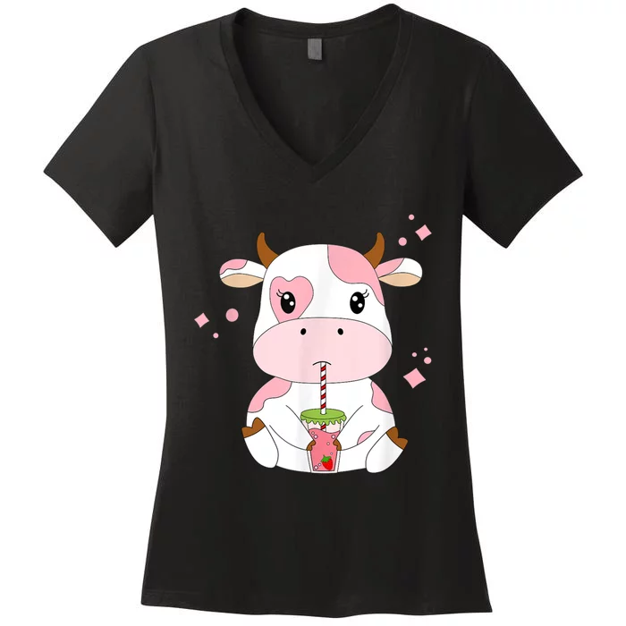 Strawberry Milk Cute Kawaii Aesthetic Pink Cow Print Women's V-Neck T-Shirt